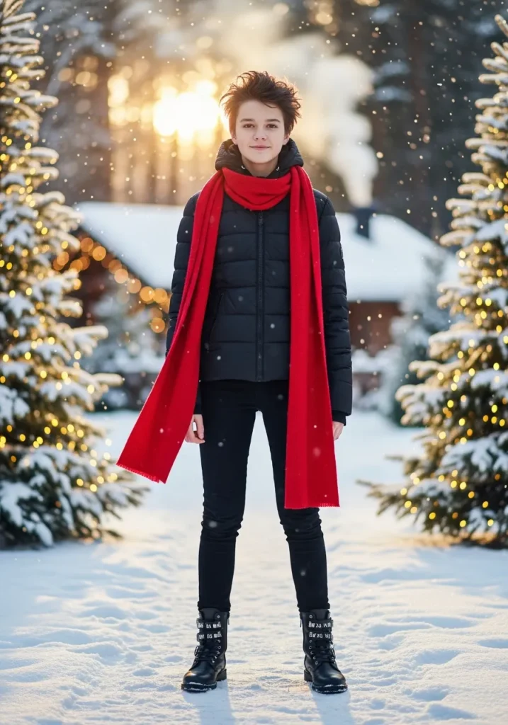 All-Black Look with Red Scarf