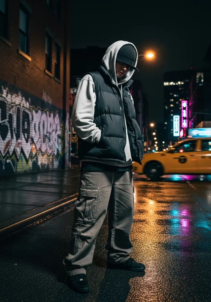 21 Bold Gangsta Style Outfits for Men 17 Beanie + Hoodie + Puffer Vest