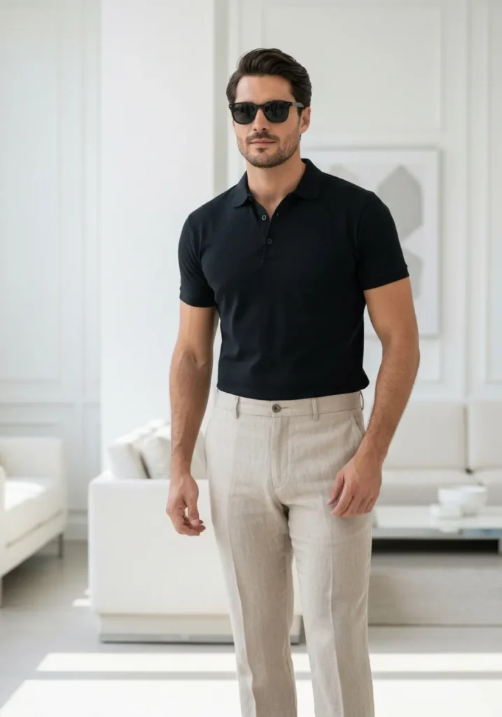 19 Men Linen Pants Outfits for Summer 18 Beige Linen Pants + Black Polo