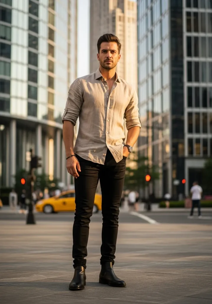 24 Men Linen Shirts to Stay Cool & Fresh 7 Beige Linen Shirt + Black Jeans