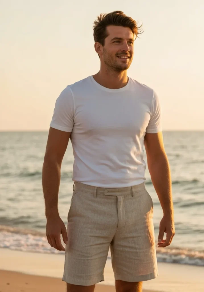23 Linen Shorts Men Outfits for Summer 3 Beige Linen Shorts With a White T-Shirt