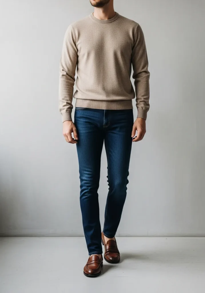 24 Stylish OOTD Ideas for Men to Stand Out 14 Beige Sweater + Dark Denim