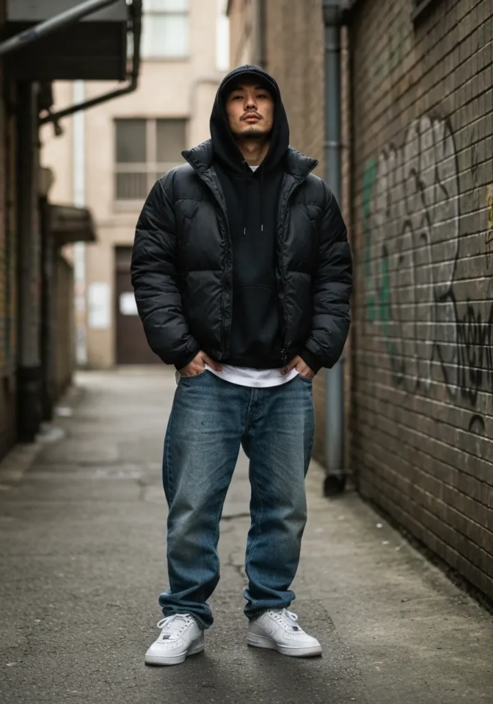 21 Bold Gangsta Style Outfits for Men 3 Black Hoodie + Puffer Jacket