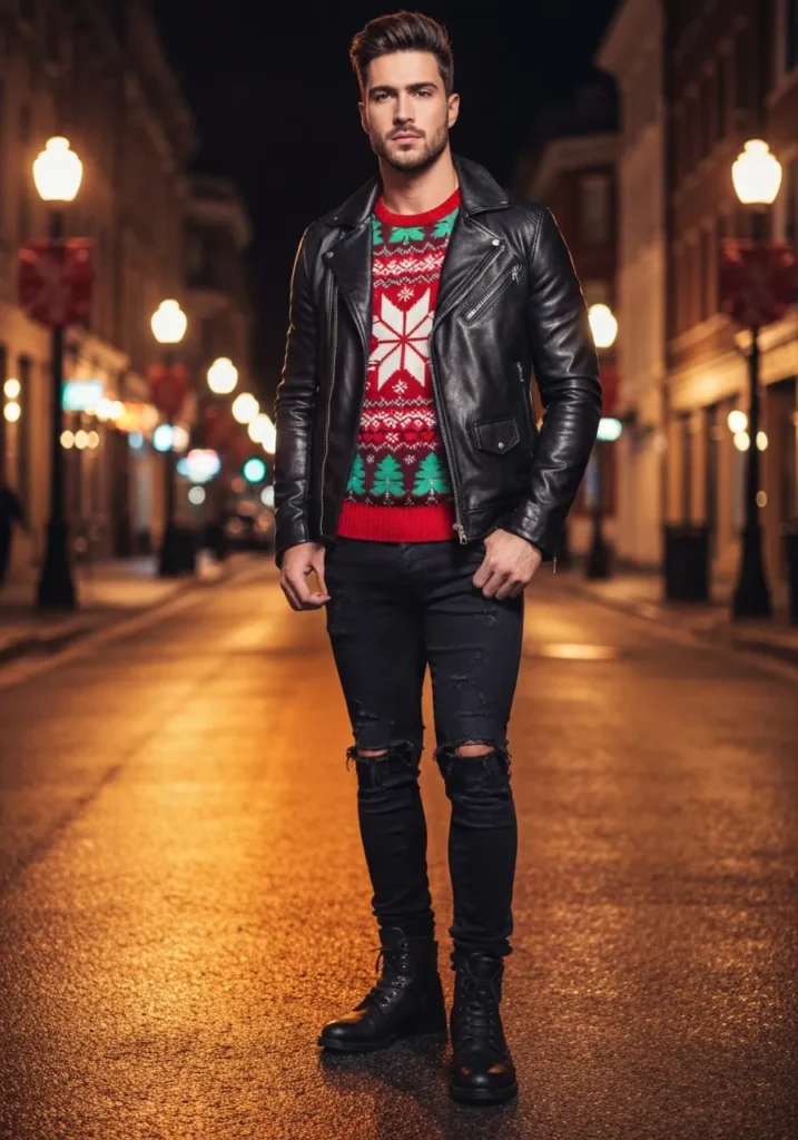 Black Leather Jacket + Christmas Sweater