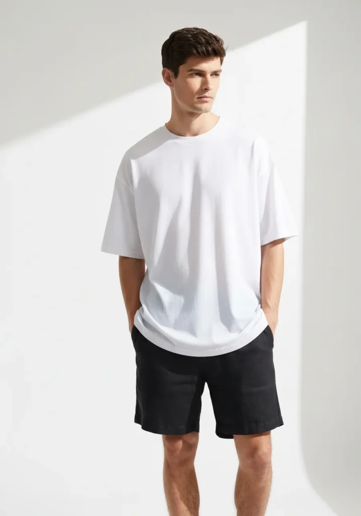 23 Linen Shorts Men Outfits for Summer 10 Black Linen Shorts With White Oversized Tee