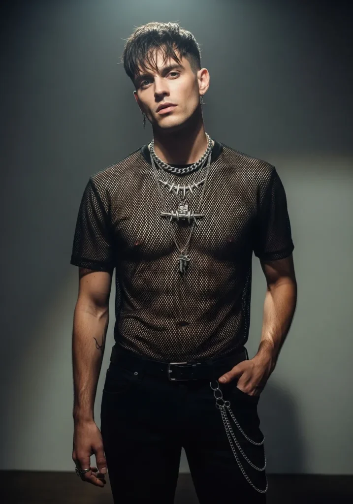 Black Mesh Shirt Layered Jewelry.728Z