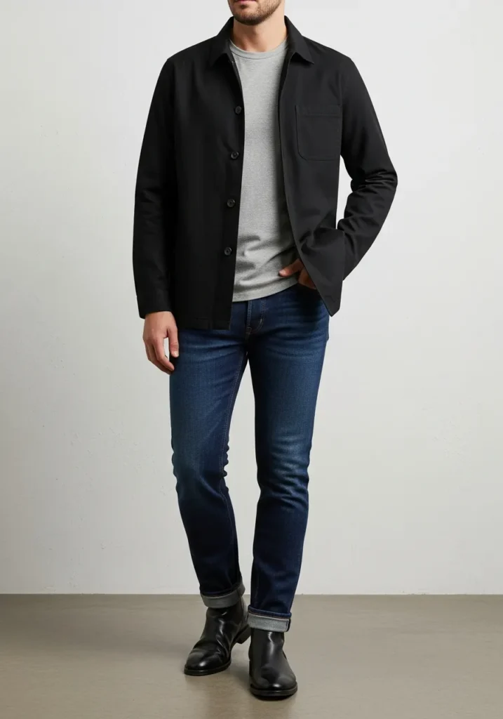 24 Stylish OOTD Ideas for Men to Stand Out 20 Black Overshirt + Grey Tee