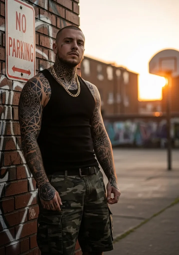 21 Bold Gangsta Style Outfits for Men 21 Black Tank + Cargo Shorts