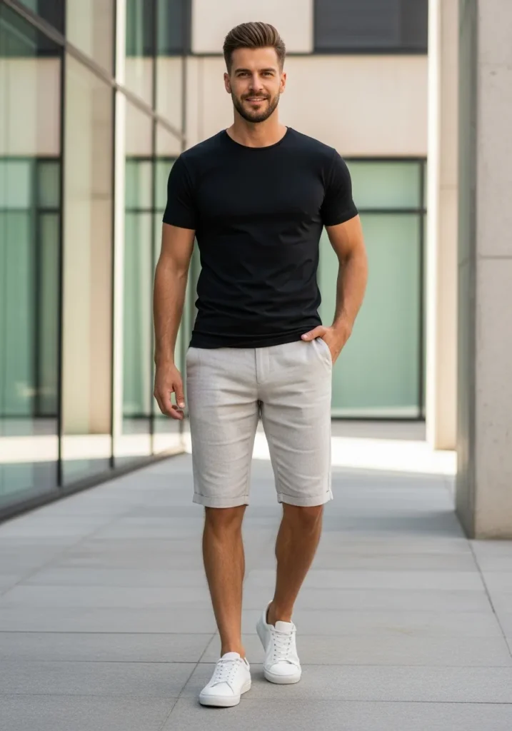 23 Linen Shorts Men Outfits for Summer 17 Black Tee Linen Shorts.389Z