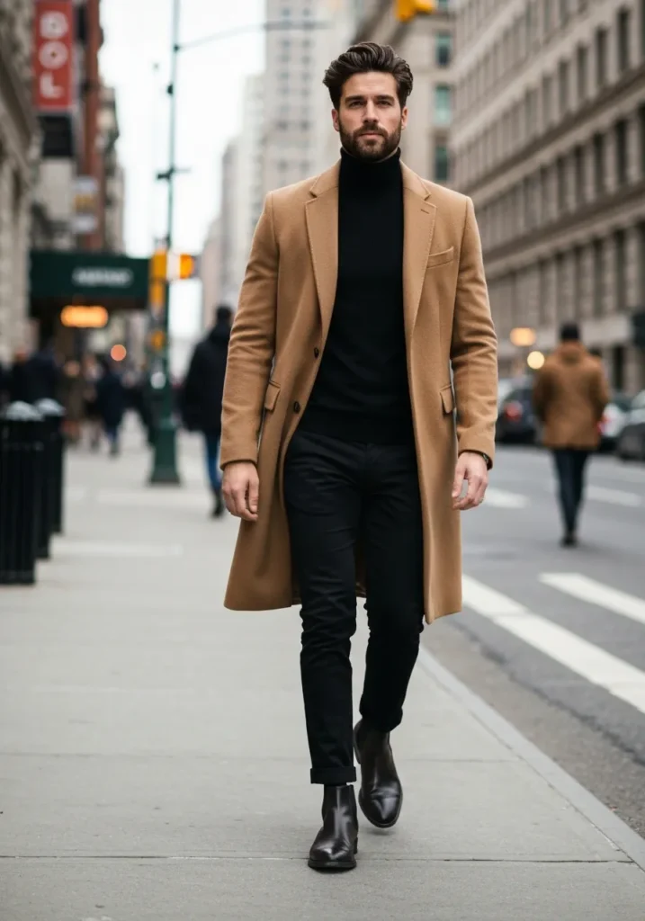 24 Stylish OOTD Ideas for Men to Stand Out 3 Black Turtleneck + Camel Coat