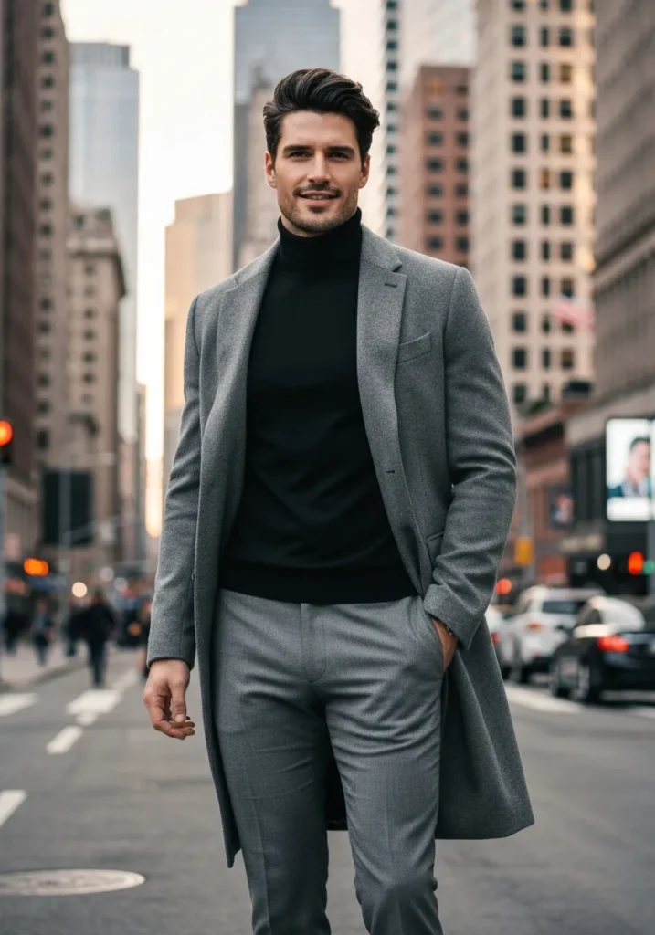 22 Classy Outfits Men Will Love to Try 3 Black Turtleneck + Grey Coat