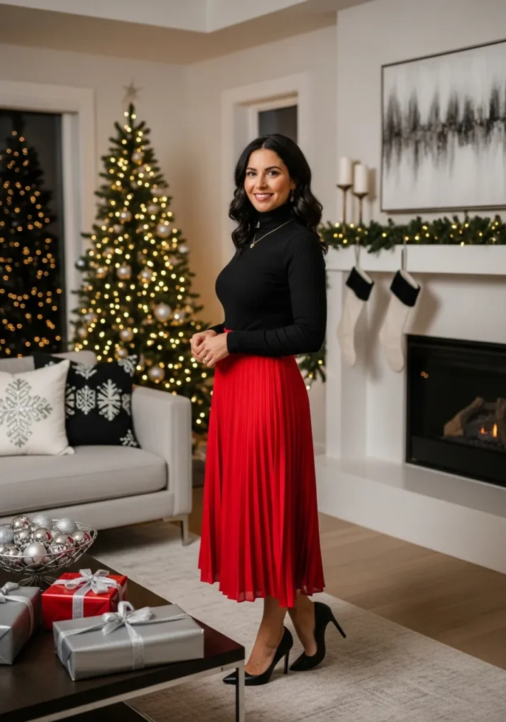 Black Turtleneck + Red Midi Skirt