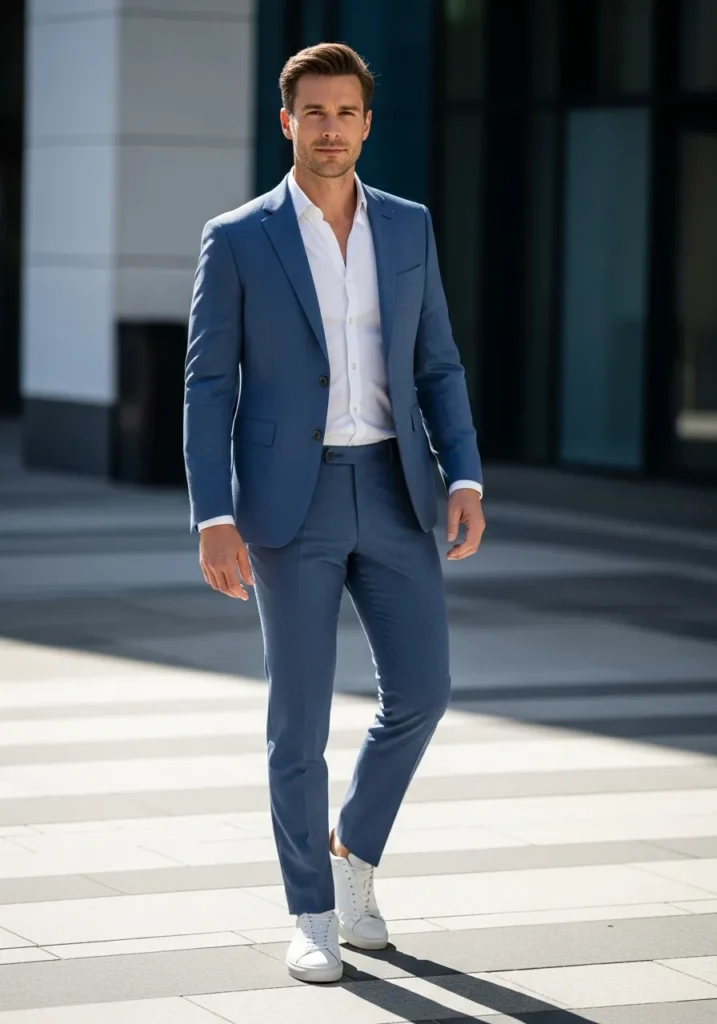 24 Stylish OOTD Ideas for Men to Stand Out 21 Blue Suit + White Sneakers