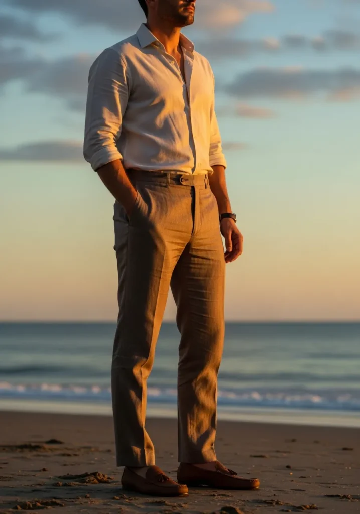 19 Men Linen Pants Outfits for Summer 4 Brown Linen Pants + Off-White Shirt