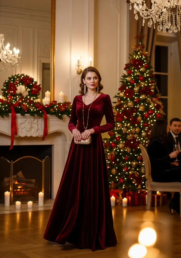 Burgundy Velvet Dress + Gold Jewelry