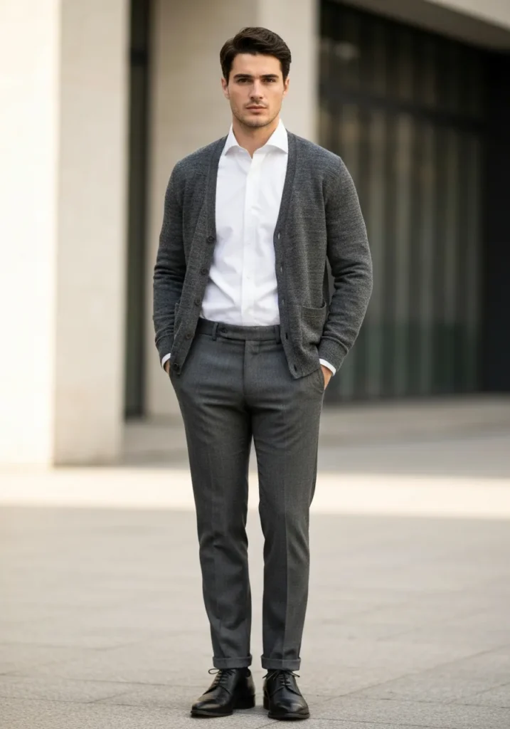 22 Classy Outfits Men Will Love to Try 13 Button-Up Shirt + Cardigan