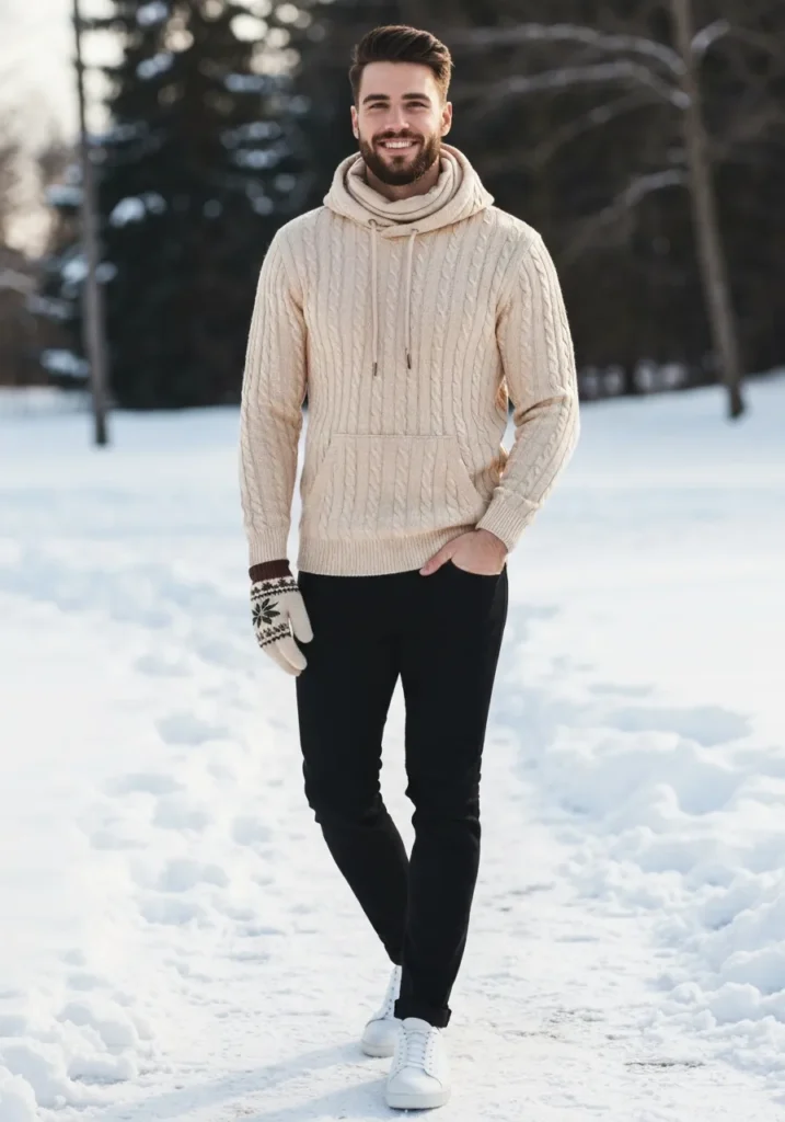Cable-Knit Hoodie + Black Jeans