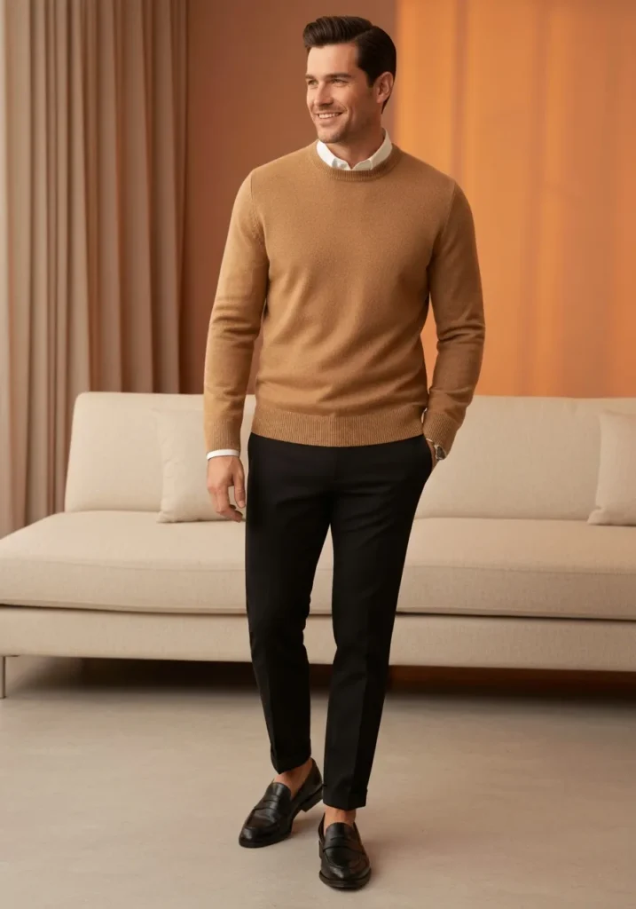 22 Classy Outfits Men Will Love to Try 21 Camel Sweater + Black Trousers
