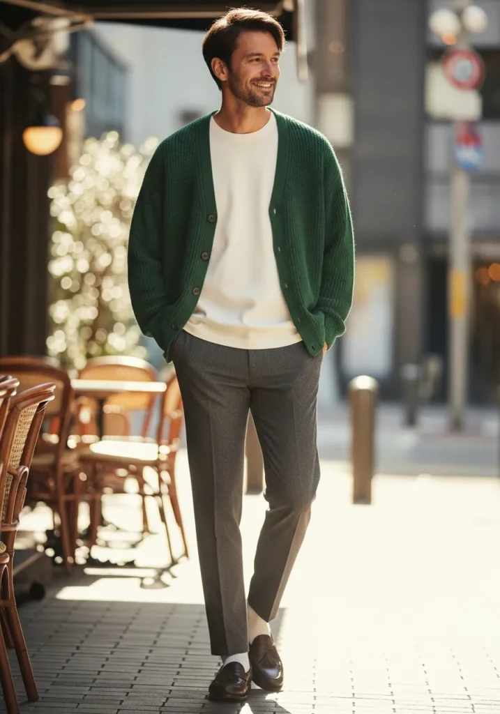 24 Stylish OOTD Ideas for Men to Stand Out 24 Cardigan + Tee + Slim Pants