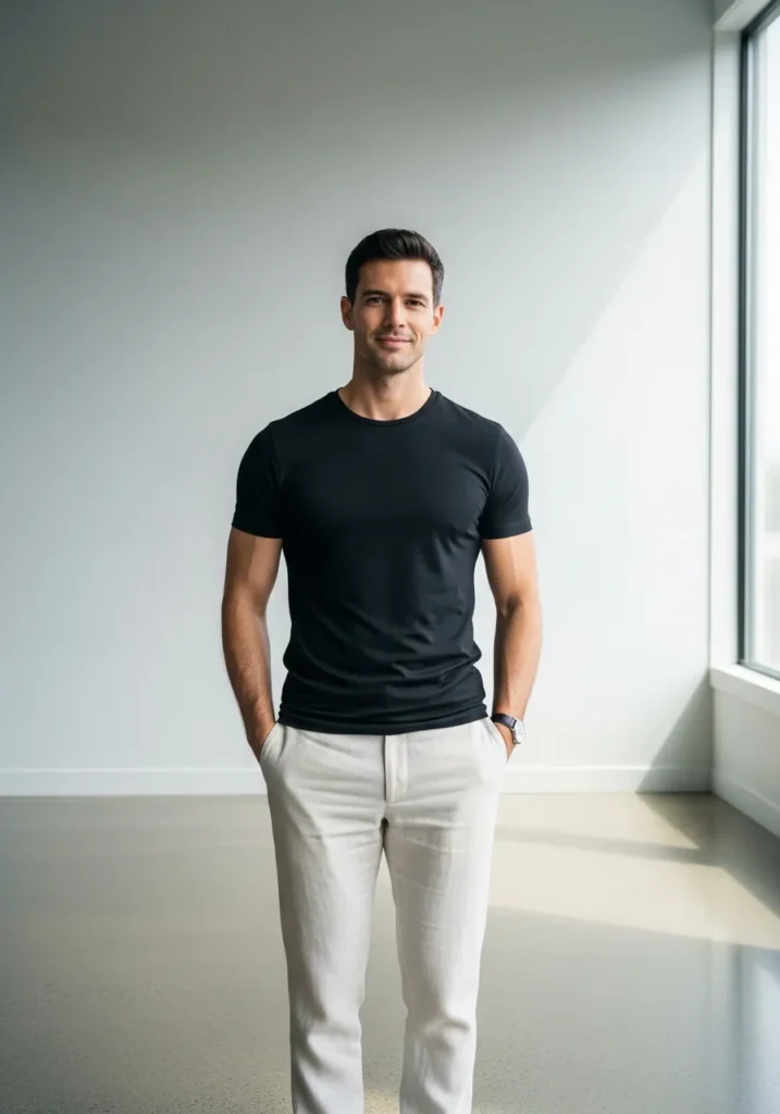 19 Men Linen Pants Outfits for Summer 5 Cream Linen Pants + Black T-Shirt