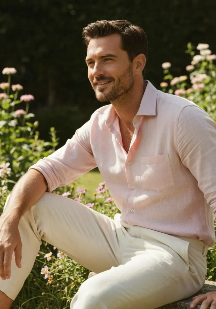 19 Men Linen Pants Outfits for Summer 8 Cream Linen Pants + Pastel Pink Shirt