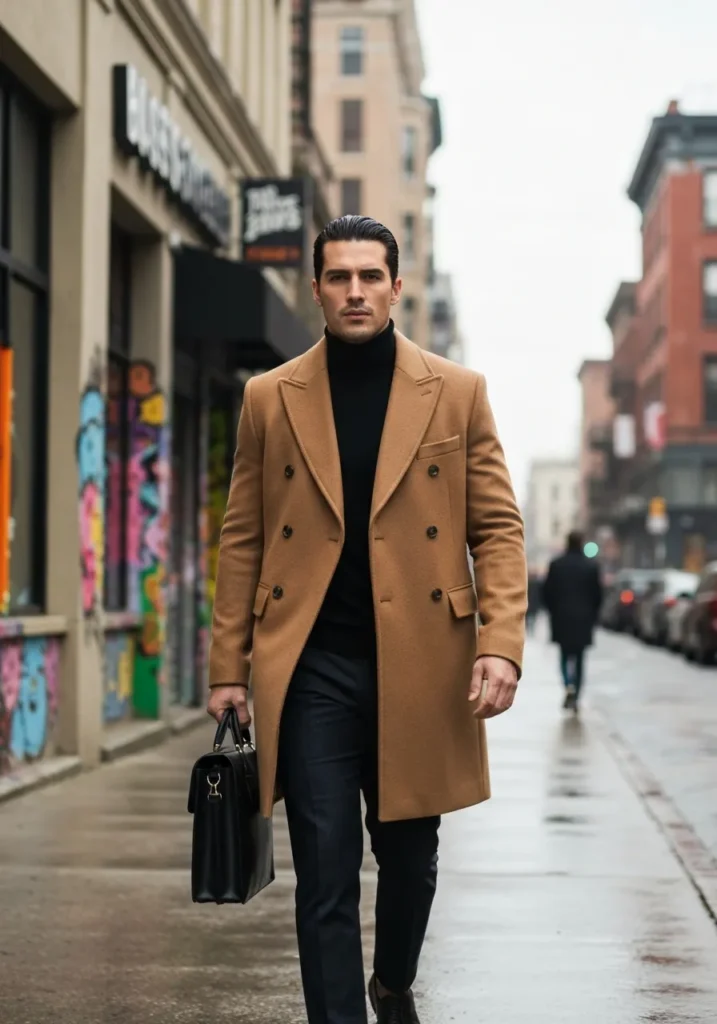 22 Classy Outfits Men Will Love to Try 8 Double-Breasted Coat + Turtleneck