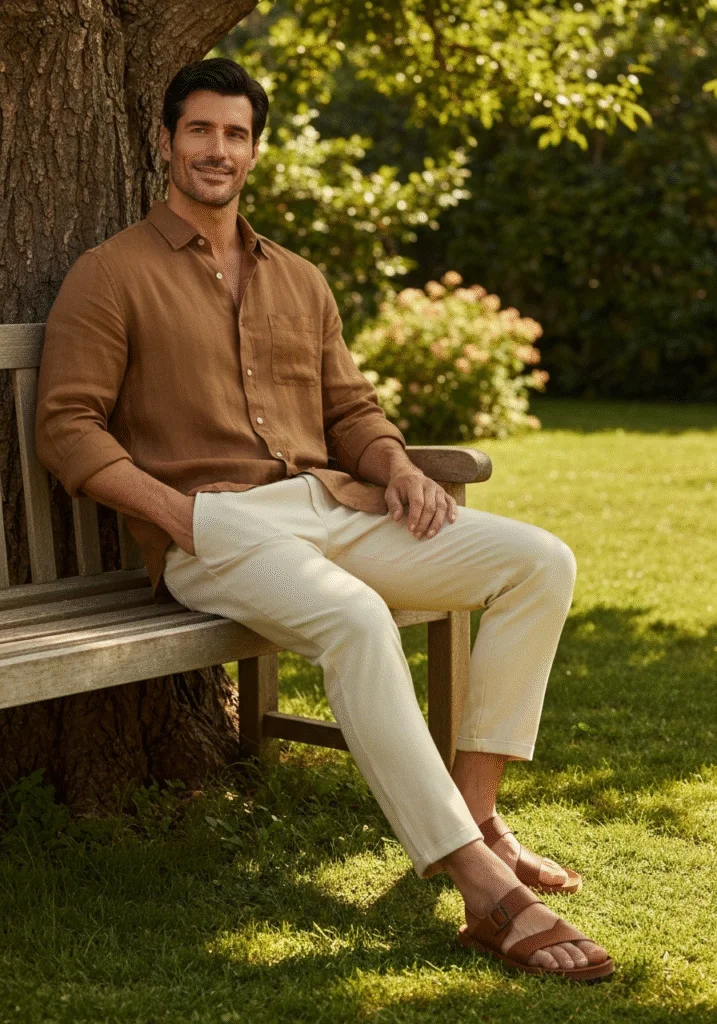 24 Men Linen Shirts to Stay Cool & Fresh 16 Earth Tone Linen Shirt Cream Pants.019Z