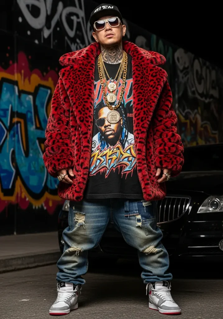 21 Bold Gangsta Style Outfits for Men 15 Fur Jacket + Graphic Tee