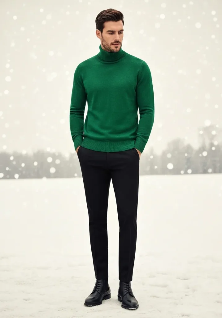 Green Turtleneck + Black Trousers