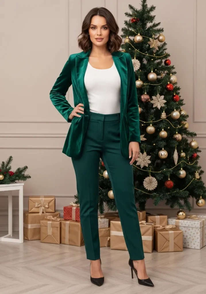 Green Velvet Blazer + White Top