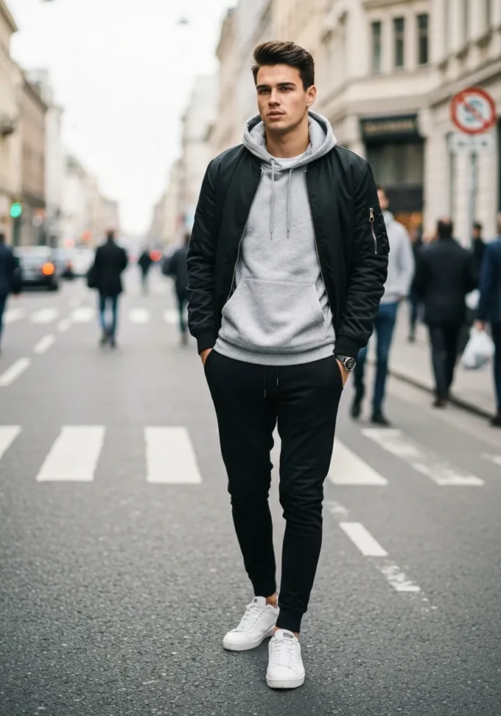 24 Stylish OOTD Ideas for Men to Stand Out 12 Grey Hoodie + Black Bomber