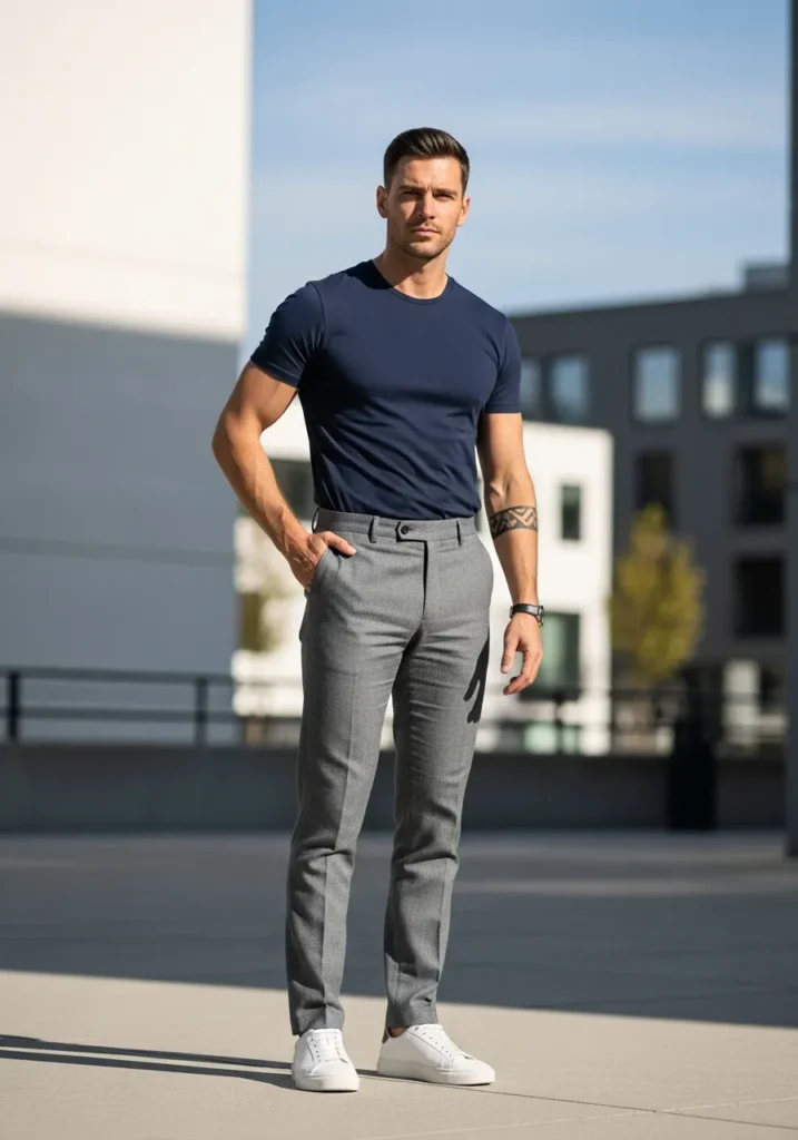 19 Men Linen Pants Outfits for Summer 3 Grey Linen Pants + Navy T-Shirt