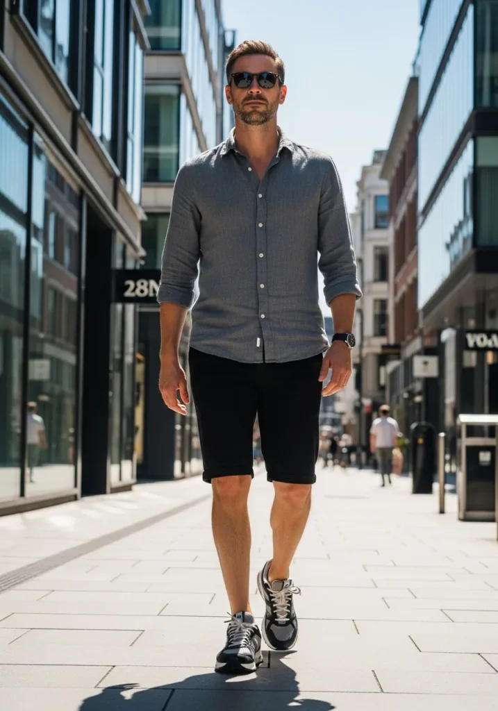 24 Men Linen Shirts to Stay Cool & Fresh 15 Grey Linen Shirt + Black Shorts