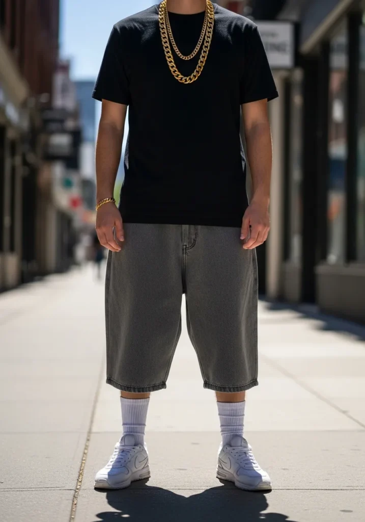 21 Bold Gangsta Style Outfits for Men 12 Heavy Chain + Black Tee + Shorts