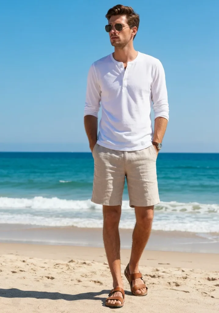 23 Linen Shorts Men Outfits for Summer 12 Henley + Linen Shorts