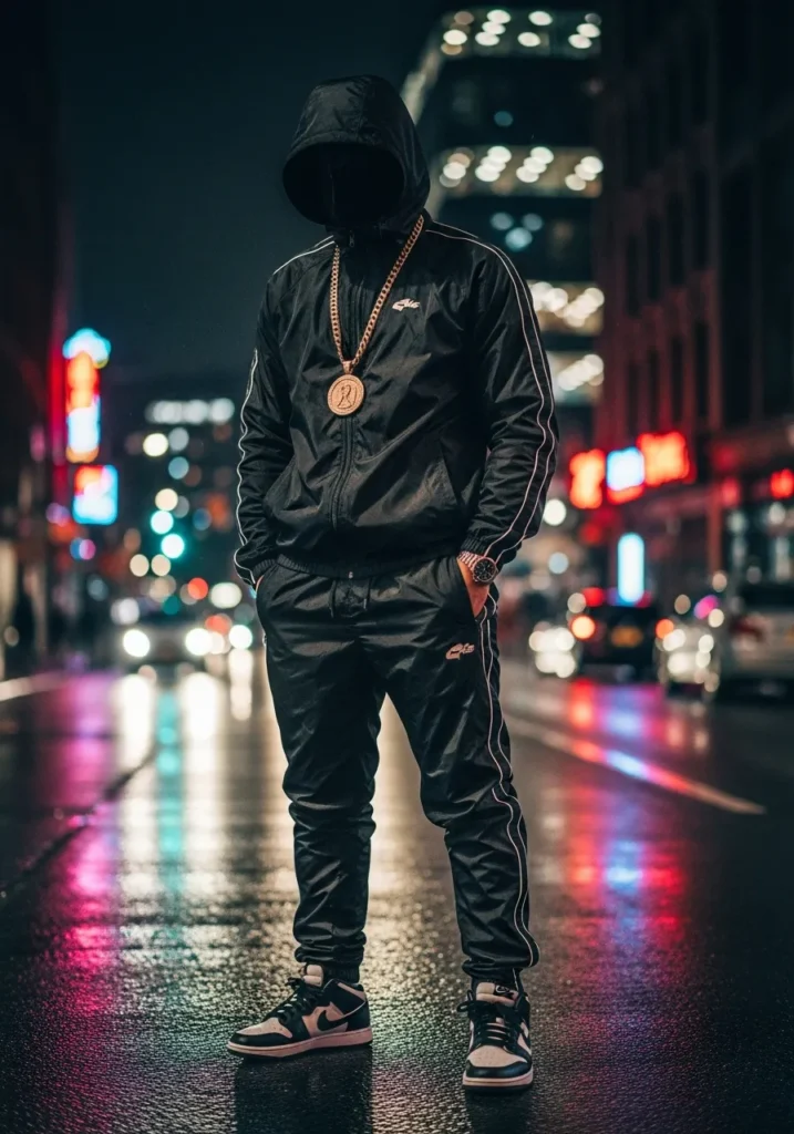 21 Bold Gangsta Style Outfits for Men 9 Hooded Tracksuit + Sneakers