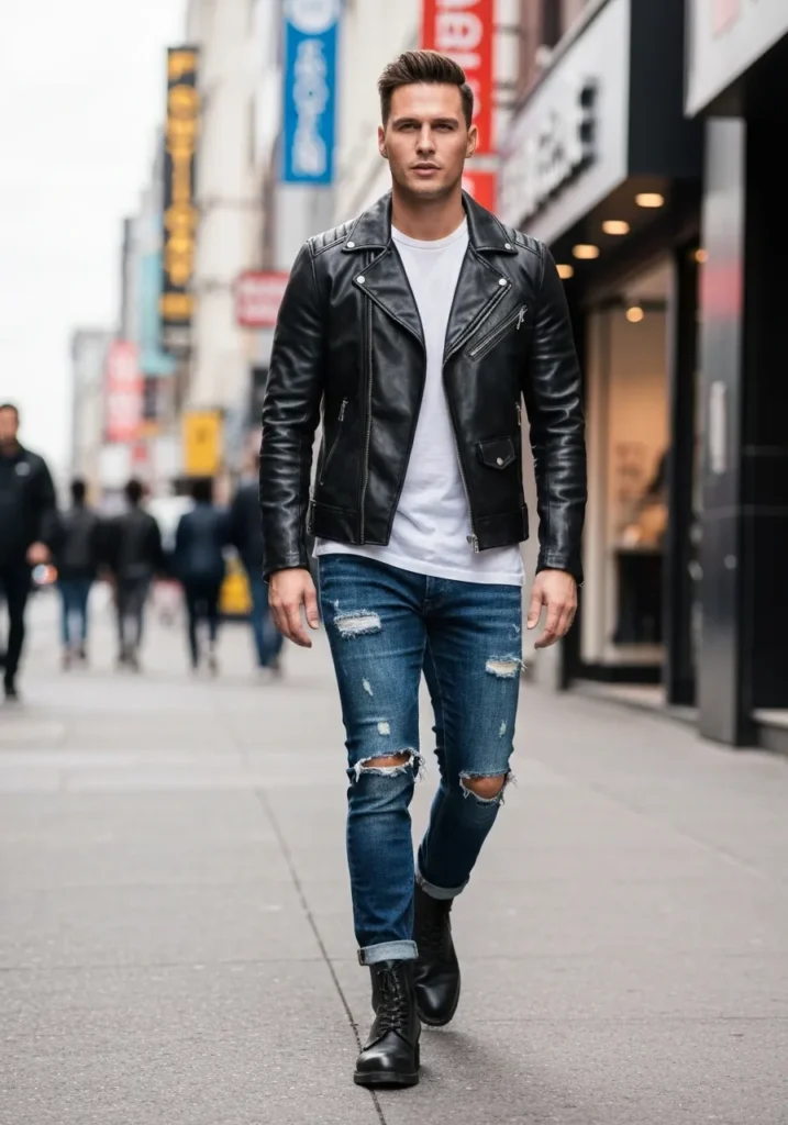 24 Stylish OOTD Ideas for Men to Stand Out 11 Leather Jacket White Tee.749Z