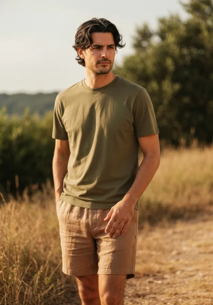 23 Linen Shorts Men Outfits for Summer 9 Light Brown Linen Shorts With Olive T-Shirt
