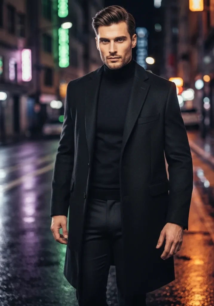 22 Classy Outfits Men Will Love to Try 11 Long Black Coat + All-Black Fit