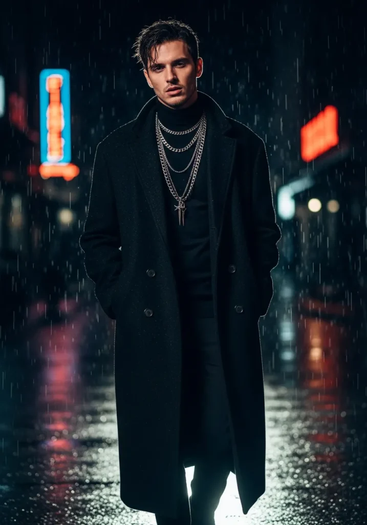 Long Black Coat Turtleneck Chains.712Z
