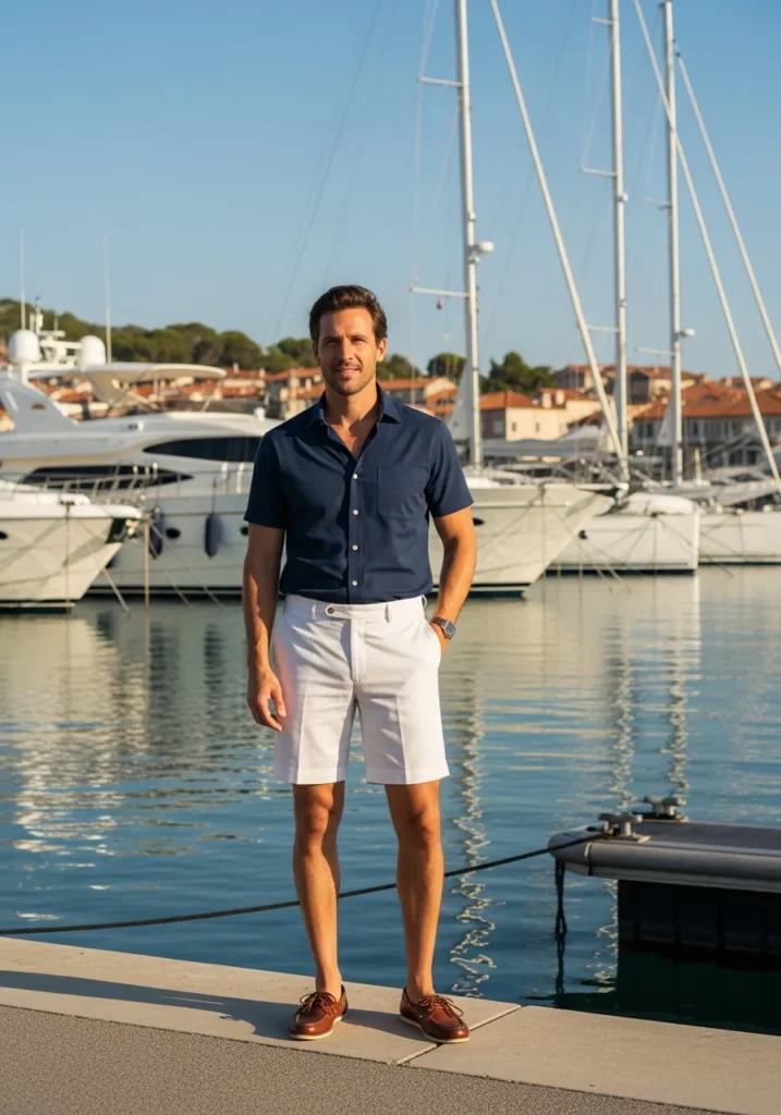 Navy Button Up White Shorts.769Z