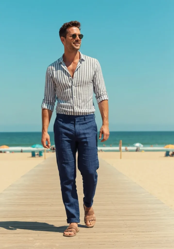 19 Men Linen Pants Outfits for Summer 16 Navy Linen Pants + Striped Shirt
