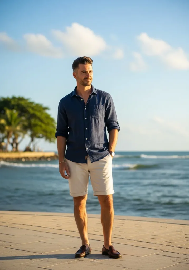 24 Men Linen Shirts to Stay Cool & Fresh 8 Navy Linen Shirt + Cream Shorts