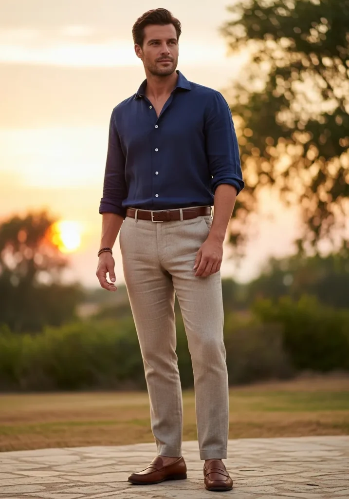 24 Men Linen Shirts to Stay Cool & Fresh 14 Navy Linen Shirt + Tan Pants