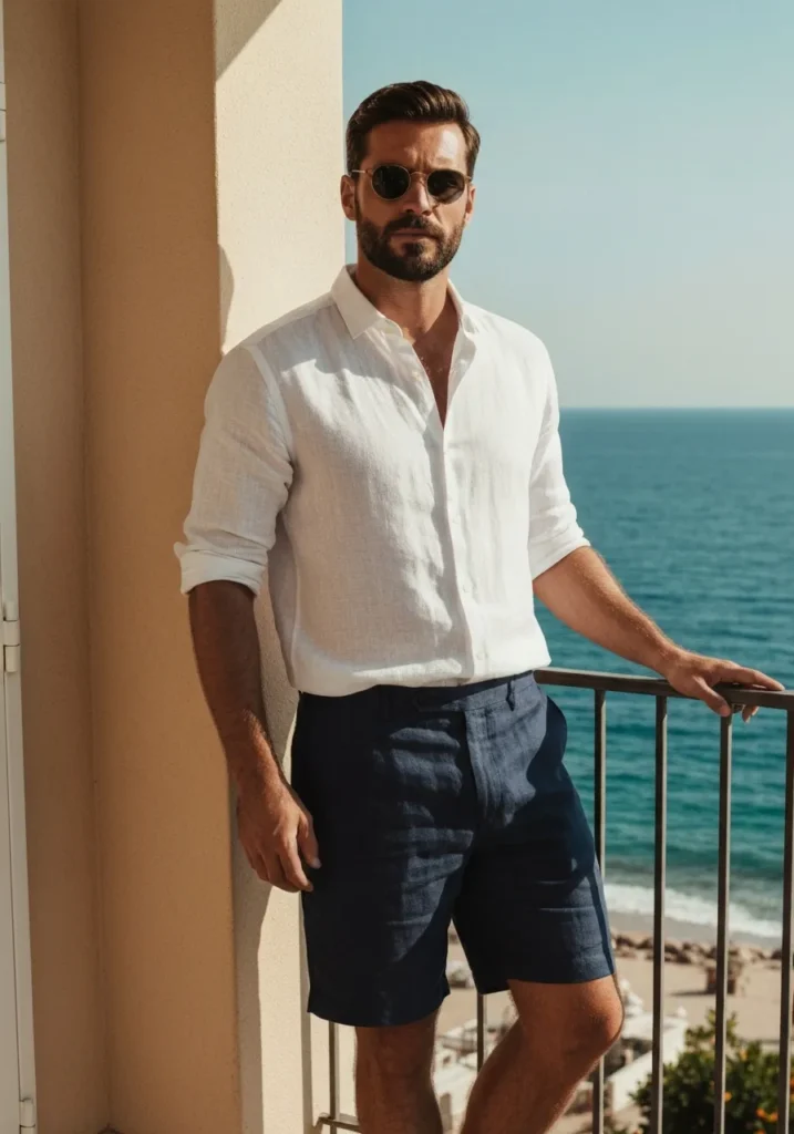 23 Linen Shorts Men Outfits for Summer 8 Navy Linen Shorts With White Linen Shirt