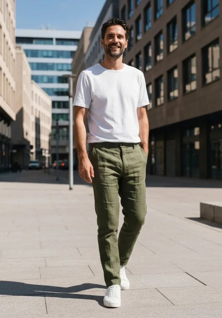 19 Men Linen Pants Outfits for Summer 17 Olive Linen Pants + White T-Shirt
