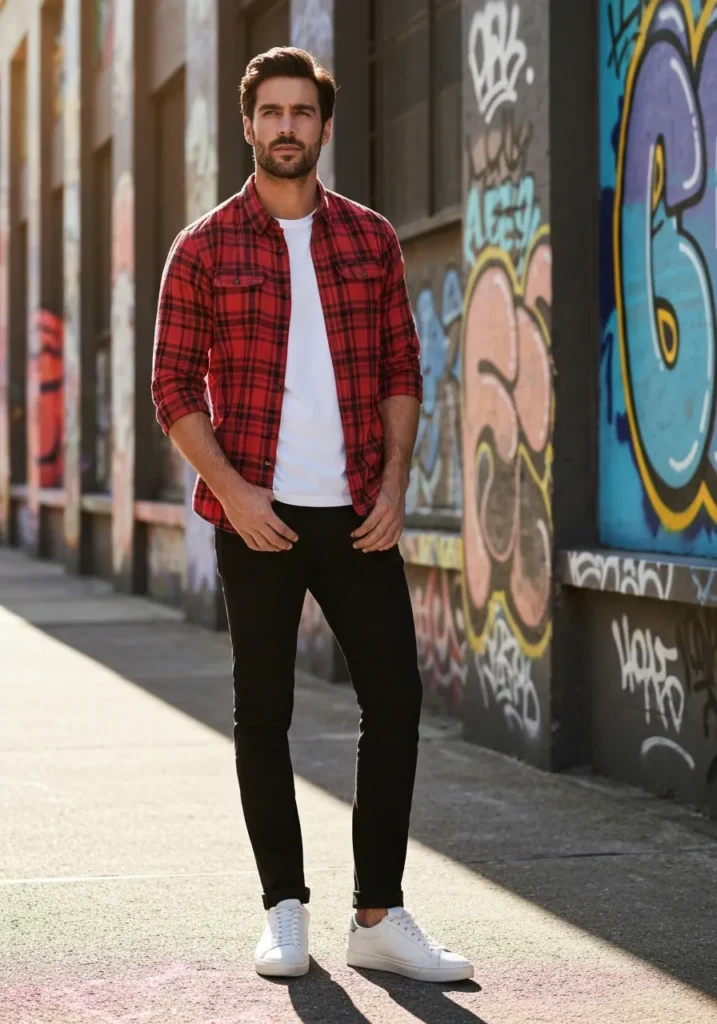 24 Stylish OOTD Ideas for Men to Stand Out 10 Plaid Shirt + Black Jeans