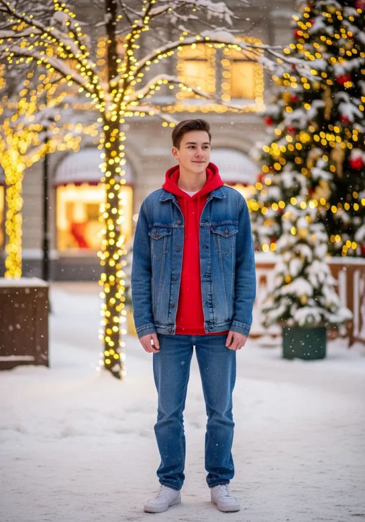 Red Hoodie & Blue Denim Jacket