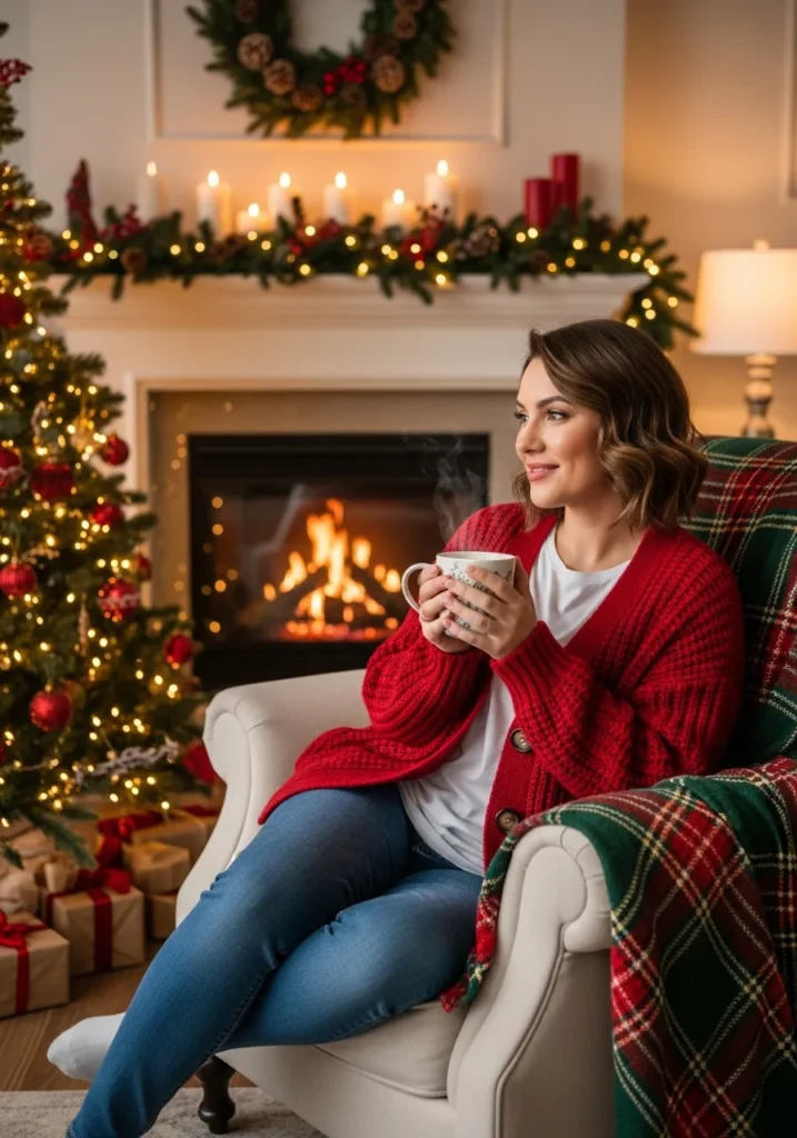Red Knit Cardigan + Blue Jeans