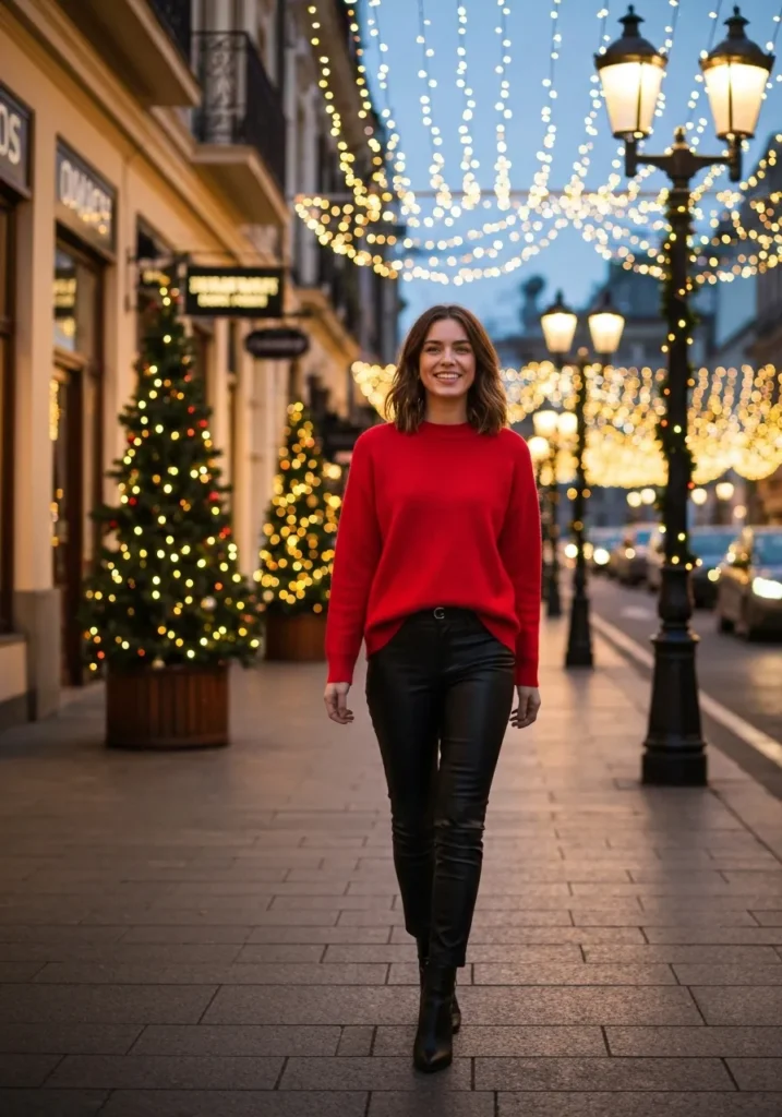 Red Sweater + Black Leather Pants